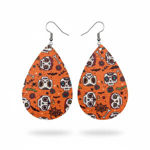 Halloween Sugar Skull Teardrop Earrings Orange